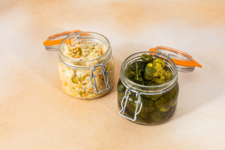 Fermentation of fresh cabbage, white cabbage with carrots and sweet peppers and broccoli , sauerkrautの写真素材
