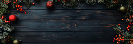 A beautiful arrangement of vibrant Christmas decorations and pine branches enhances the black wooden surface, showcasing festive details, joyful contrast, bannerの素材