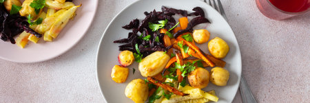 Savor a wholesome meal of baked vegetables like potatoes, zucchini, carrots, and beets, paired with fresh fruits and cherry compote, perfect for a healthy and satisfying start to your day bannerの写真素材