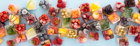 Blue background with ice cubes with frozen berries and fruits and mint, bannerの写真素材
