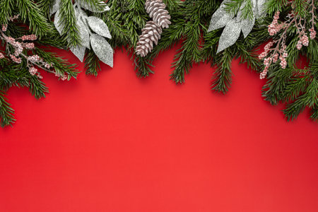 Red Christmas background with fir branches and pink decorative flowers and pine conesの写真素材