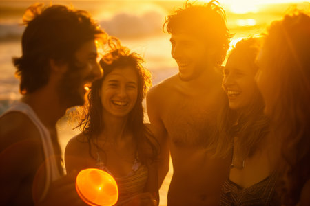 A group of friends laughing together on the beach at sunset, the warm glow of the evening sky reflecting the joy and optimism sharedの素材