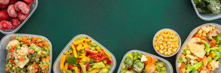 Food in winter, freezing fresh vegetables in summer in the refrigerator, various frozen vegetables in plastic dishes above and below green background, bannerの写真素材