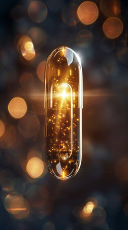 This macro shot captures a glowing vitamin E capsule, highlighting its radiant inner core powerful antioxidant propertiesの素材
