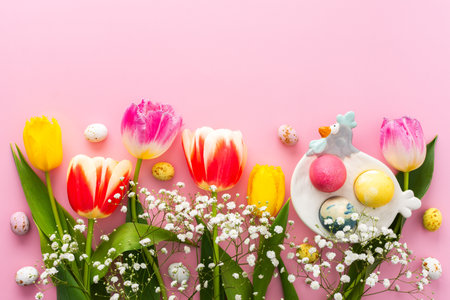 Spring Easter background, multi-colored Easter eggs and tulips with gypsophila on a pink background, copy spaceの写真素材