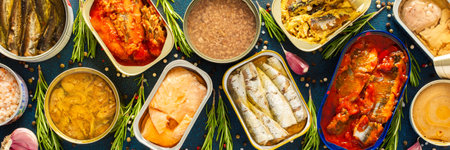 Enjoy an assortment of canned fish including salmon, mackerel, sprat, sardine, tuna, herring, and fish pate, displayed in open tins with spices and herbs on a blue background, bannerの写真素材