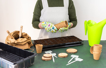 Woman planting tomato and pepper seeds on seedlings at home, wooden table with peat eco friendly pots and plastic containers for seedlings, preparing for spring work in the gardenの写真素材