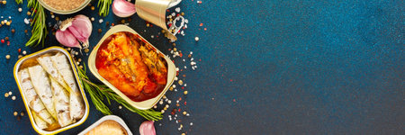 A top view of open tin cans with canned tuna, mackerel, shrimp, sardine, tuna, Cod liver, surrounded by spices and herbs on a blue background, bannerの写真素材