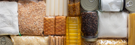 Home food supplies for quarantine and isolation, including canned food, cereals pasta and essential staples for survival, survival during military operations, the concept of stay at home, bannerの写真素材