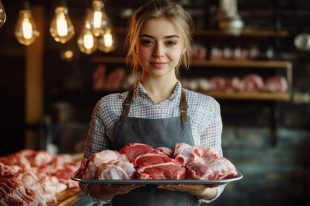 A charismatic female meat seller holds a tray of premium meat cuts, engaging customers with her dynamic energy and meticulous presentation in a clean, professional settingの素材
