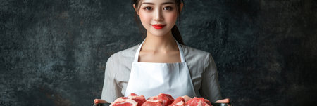 A professional female meat seller showcases premium cuts on a tray, her inviting demeanor and meticulous handling ensuring a high-quality, appealing experience, bannerの素材