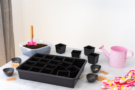Preparation for spring work in the garden, planting tomato and pepper seeds on seedlings at home, table with plastic containers for seedlingsの写真素材