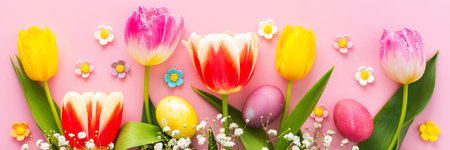 Spring Easter background, multi-colored Easter eggs and tulips with gypsophila on a pink background, copy space, bannerの写真素材