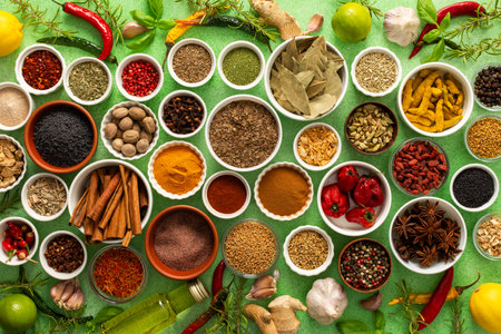 A colorful assortment of fresh, fragrant spices and herbs displayed on a soft green background, capturing a bright culinary essenceの写真素材