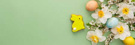 Festive banner with spring flowers and naturally colored eggs and Easter bunnies, white daffodils and cherry blossom branches on a green pastel backgroundの写真素材
