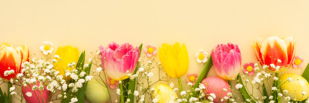 Spring Easter background, multi-colored Easter eggs with tulips and gypsophila on a yellow background, bannerの写真素材