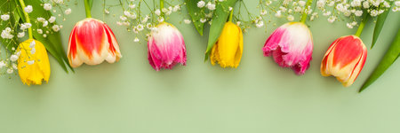 Spring background, multi-colored tulips with gypsophila on a green background, copy space, bannerの写真素材