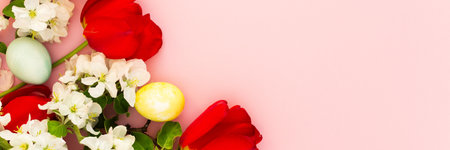 Spring Easter background, colorful Easter eggs and blossoming apple tree branches and red tulips on a pink background, copy space, bannerの写真素材
