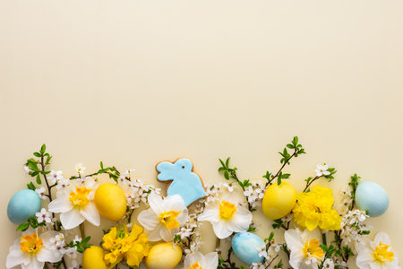 Festive background with spring flowers and naturally colored eggs and Easter bunnies, white daffodils and cherry blossom branches on a yellow pastel backgroundの写真素材