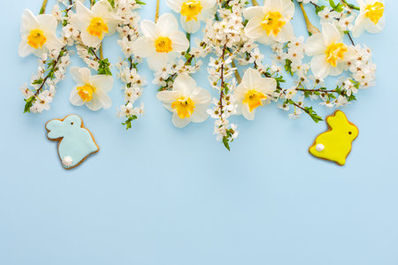 Festive background with spring flowers and naturally colored eggs and Easter bunnies, white daffodils and cherry blossom branches on a blue pastel backgroundの写真素材