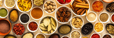 Collection of assorted spices and herbs spread on a beige background, blending exotic aromas to inspire flavorful cooking, bannerの写真素材