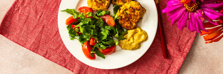 Enjoy a delicious and healthy breakfast with zucchini pancakes paired with fresh lettuce and tomatoes offering a nutritious and flavorful start to your day, bannerの写真素材