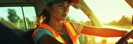 A focused female truck driver in reflective gear, gripping the steering wheel inside a modern truck cab, with a clear view of the highway ahead, embodying strength and expertise, bannerの素材