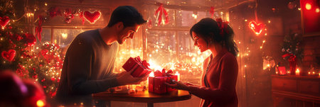 A heartfelt Valentine Day celebration, with a couple sharing gifts in a warm, candlelit room adorned with red and pink decorations, capturing the magic of love, bannerの素材