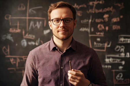 A male teacher standing confidently at the front of a classroom, with a chalkboard behind his, exuding warmth and professionalism in a traditional academic settingの素材