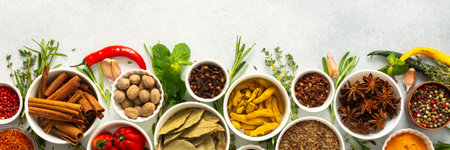 Assorted cooking spices and herbs arranged on a gray background, featuring natural tones that add depth and aroma to any meal, bannerの写真素材