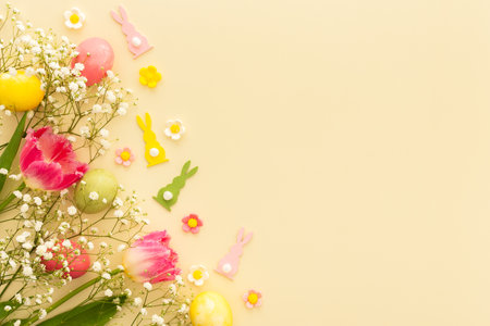 Spring Easter background, multi-colored Easter eggs with tulips and gypsophila and decorative bunnies on a yellow backgroundの写真素材