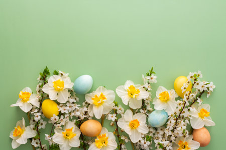 Festive background with spring flowers and Easter eggs, white daffodils and cherry blossom branches on a green pastel backgroundの写真素材