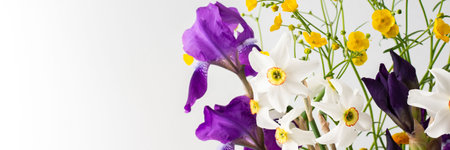 Home interior with a bouquet of spring flowers, irises and yellow ranunculus with white daffodils, bannerの写真素材