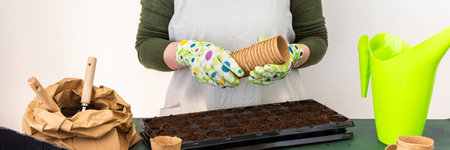 Woman planting tomato and pepper seeds on seedlings at home, wooden table with peat eco friendly pots and plastic containers for seedlings, preparing for spring work in the garden, bannerの写真素材