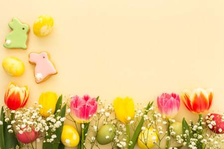 Spring Easter background, multi-colored Easter eggs with tulips and gypsophila and decorative bunnies on a yellow backgroundの写真素材