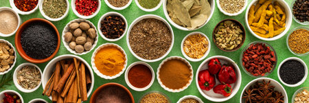 Fresh, multicolored spices and herbs set against a gentle green background, creating a vivid and fragrant display perfect for food inspiration, bannerの写真素材
