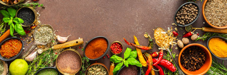 A visually striking arrangement of fresh spices and herbs on a brown surface, highlighting their vivid colors, intricate details and rich culinary essence, bannerの写真素材
