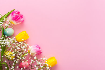 Spring Easter background, multi-colored Easter eggs and tulips with gypsophila on a pink background, copy spaceの写真素材
