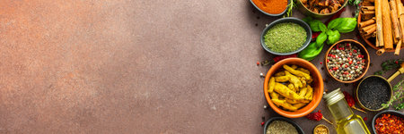 A visually striking arrangement of fresh spices and herbs on a brown surface, highlighting their vivid colors, intricate details and rich culinary essence, bannerの写真素材