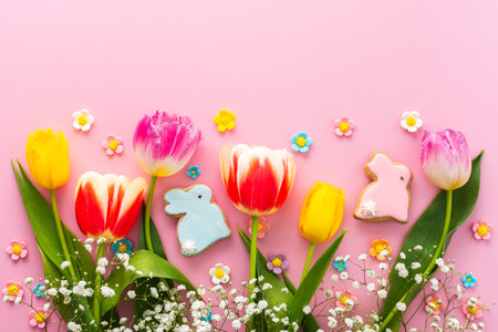 Spring Easter background, multi-colored Easter eggs with decorative bunnies and tulips with gypsophila on a pink background, copy spaceの写真素材