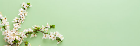 Festive banner with spring flowers, flowering cherry branches on a light green pastel backgroundの写真素材