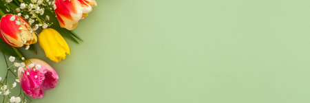 Spring background, multi-colored tulips with gypsophila on a green background, copy space, bannerの写真素材