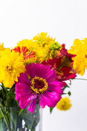 A summer bouquet featuring colorful Zinnia and Rudbeckia Goldquelle flowers adds vibrant beauty to home decoration, perfect for a seasonalの写真素材