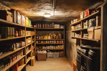 A realistic private household bomb shelter with reinforced concrete walls, shelves stocked with canned food, water and emergency supplies, illuminated by cozy lighting, secure and practicalの素材
