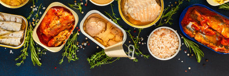 A top view of open tin cans with canned salmon, mackerel, sprat, sardine, tuna, herring, and fish pate, surrounded by spices and herbs on a blue background, bannerの写真素材
