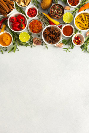 Colorful herbs and spices scattered across a gray surface, ideal for creating authentic and flavorful dishes, top view ,copy spaceの写真素材
