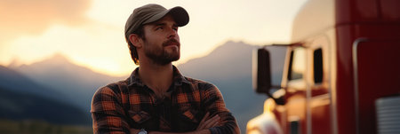 At a rest stop, a content driver reflects on his journey, holding a thermos with mountains and soft light in the distance, bannerの素材