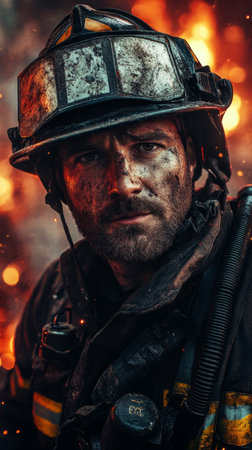 Realistic depiction of a male firefighter, calm and strong, in full gear with reflective stripes, soot on his face, glowing embers illuminating a smoky backdropの素材