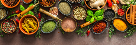 An elegant arrangement of spices and herbs in vivid colors, set against a brown surface, highlighting their aromatic richness visual diversity, bannerの写真素材