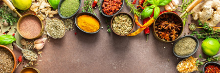 A visually striking arrangement of fresh spices and herbs on a brown surface, highlighting their vivid colors, intricate details and rich culinary essence, bannerの写真素材